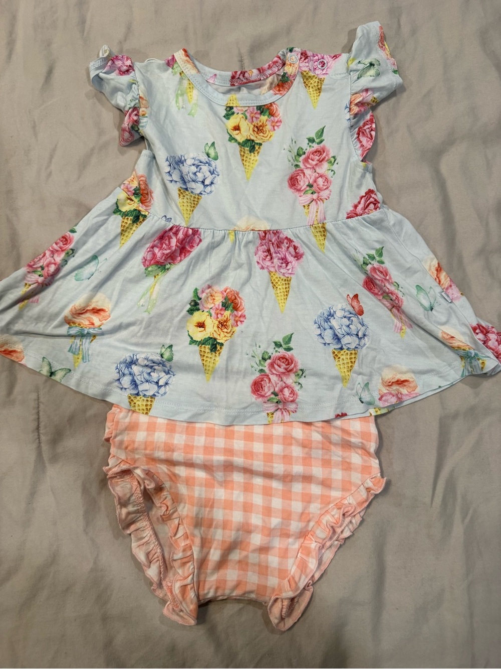 Posh Peanut Light Blue Floral Ice Cream Cone Top with Peach Gingham Bloomers